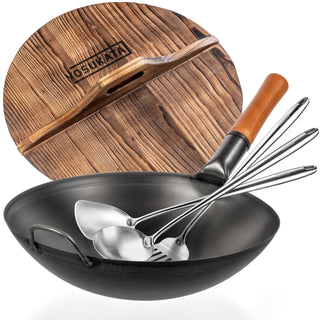 Yosukata 14-inch black carbon steel wok set with wooden lid, spatula, ladle and turner
