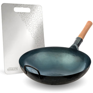 Yosukata 14-inch blue carbon steel wok with stainless steel cutting board