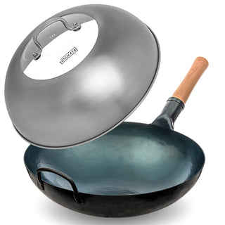 Yosukata 14-inch blue carbon steel wok set with stainless steel lid