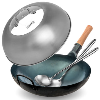 Yosukata 14-inch blue carbon steel wok set with stainless steel lid, spatula and ladle