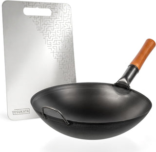 Yosukata 14-inch round bottom carbon steel wok with stainless steel cutting board