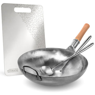 Yosukata 14-inch unseasoned blue carbon steel wok with stainless cutting board, spatula and ladle