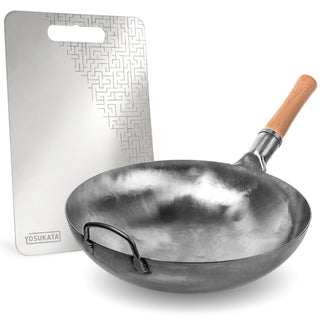 Yosukata 14-inch unseasoned blue carbon steel wok with stainless steel cutting board