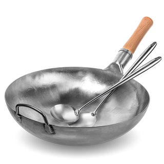 Yosukata 14-inch unseasoned blue carbon steel wok set with spatula and ladle