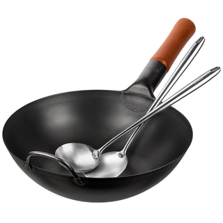 Yosukata 11.8-inch black carbon steel wok bundle with stainless steel spatula and ladle