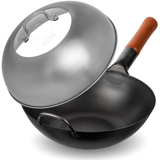 Yosukata 11.8-inch black carbon steel wok bundle with stainless steel lid