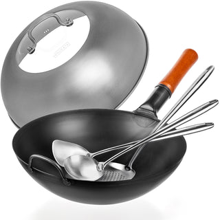 Yosukata 13.5-inch black carbon steel wok bundle with stainless steel lid, spatula, ladle and skimmer