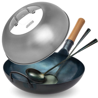 Yosukata 13.5-inch blue carbon steel wok bundle with stainless steel lid, carbon steel utensils and bamboo chopsticks