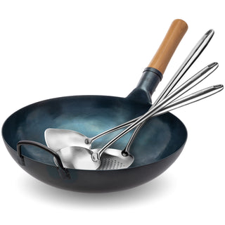 Yosukata 13.5-inch blue carbon steel wok bundle with stainless steel spatula, ladle and skimmer