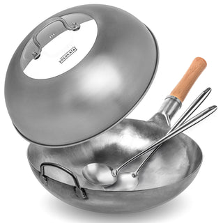 Yosukata 14-inch unseasoned blue carbon steel wok bundle with stainless steel lid, spatula and ladle